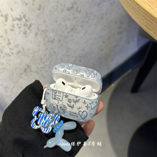 早春蓝色涂鸦蝴蝶碎花适用苹果无线蓝牙airpods pro1代2代3代耳机保护套4代