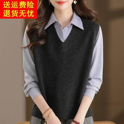 妈妈100纯羊毛绒衫无袖背心毛衣V领加厚秋冬针织马甲宽松大码外穿