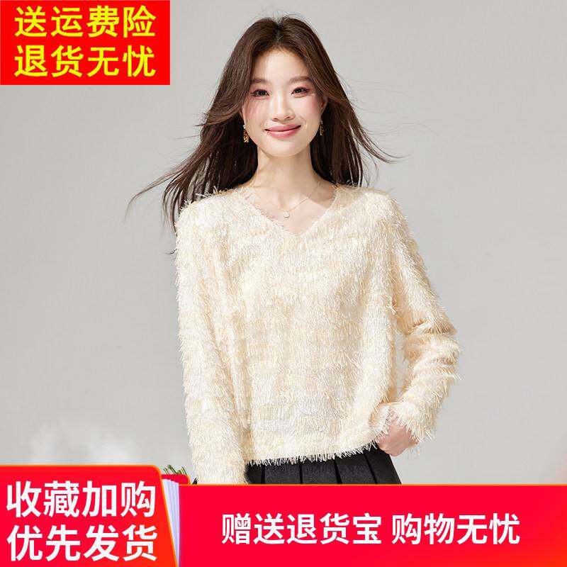 杭州纯色V领小衫女士长袖春夏季新款时尚流苏洋气质t恤设计感上衣