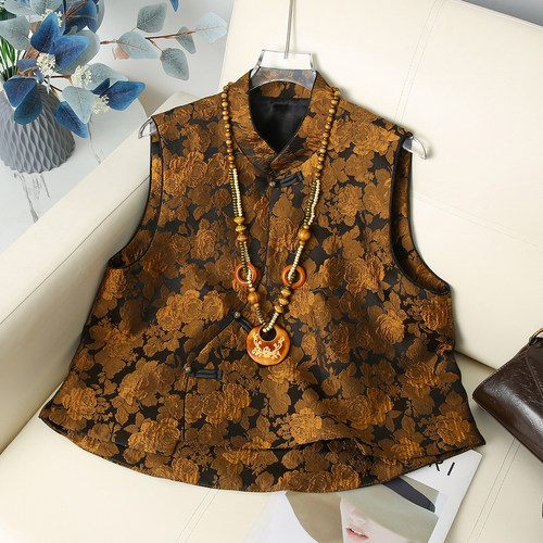 新中式国风黄金牡丹提花马甲女春秋复古老钱风高级感宽松马夹外套