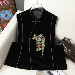 国风亮片刺绣丝绒马甲女春秋装 新中式 复古盘扣立领马夹外套 灵雀