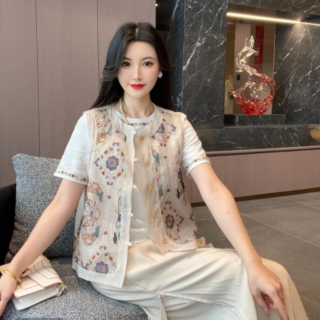 新中式国风刺绣马甲女装夏季薄款圆领百搭气质无袖马夹上衣外套潮