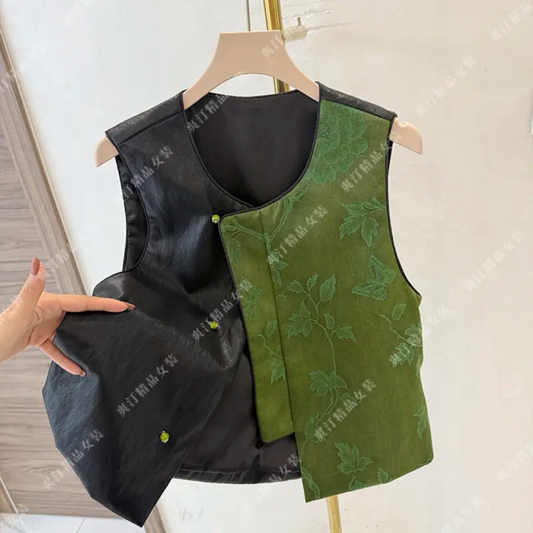 新中式国风提花绵羊皮拼接马甲上衣女复古撞色百搭马夹外套春秋季