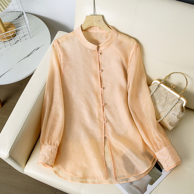 新中式国风重工刺绣花欧根纱薄款衬衫女装夏季立领宽松防晒衫上衣