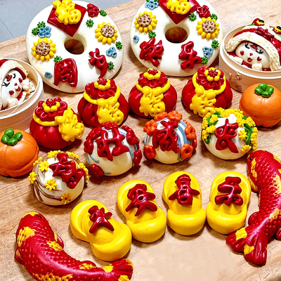 手工4款花样馒头彩虹福字福袋柿子花馍早餐花糕果蔬元宝饽饽年货