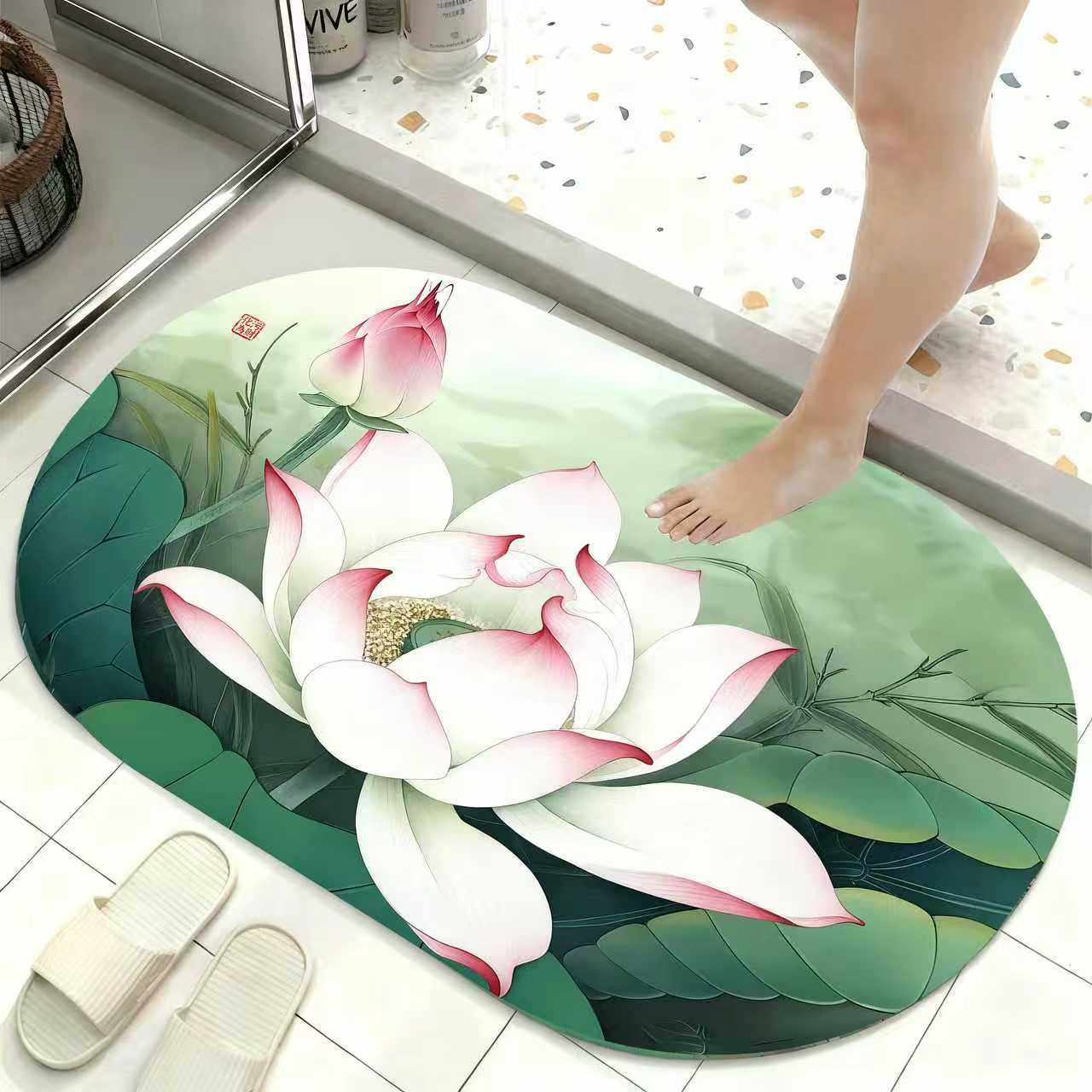 化污为财丨荷花莲花浴室吸水防滑地垫卫生间厕所门口中式脚垫地毯