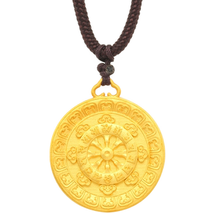 足金999古法黄金定制 护佑法轮金轮宝轮梵轮浮雕六字真言挂坠项链