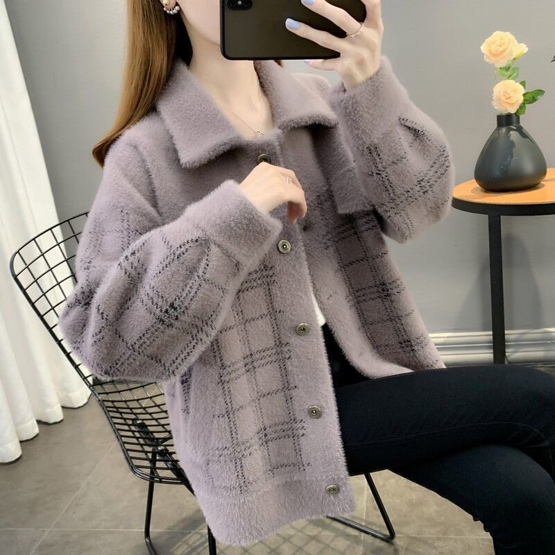 翻领仿水貂绒外套女秋冬2025新款短款宽松加厚休闲双面呢开衫上衣