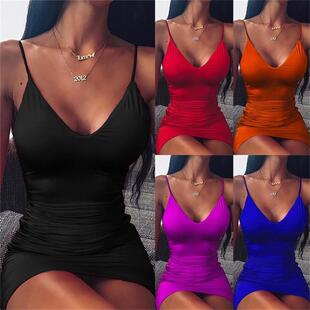 neck Solid camisole dress纯色吊带V领连衣裙 color