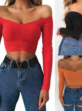 en V, Camiseta corta de punto Sexy de corte bajo para mujer