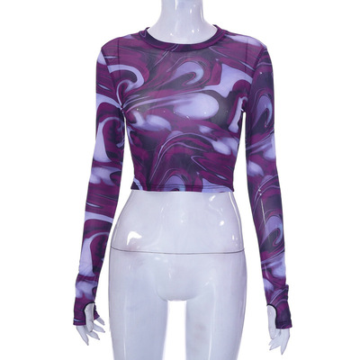 印花圆领长袖修身上衣