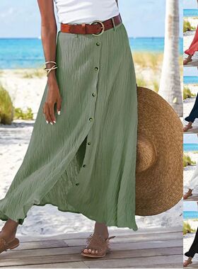 Split A-line hip mid waist long skirt纯色开叉A字臀中腰长裙女