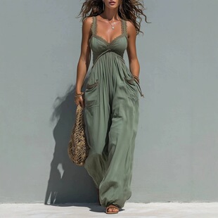纯色无袖蕾丝边吊带阔腿连体裤女 Solid color camisole jumpsuit