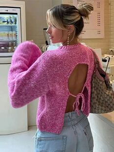 Sexy backless strap sweater 女装圆领长袖性感露背绑带毛衣短款