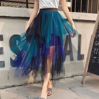 Gradient irregular casual mesh skirt渐变色不规则休闲网纱裙女