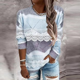 Sleeve Round Neck Pullover Elegant Long Ladies Tops Sweaters