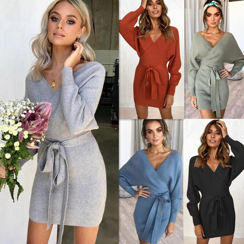Winter Women sweater dress Fashion Lady knitwear Shirt针织裙
