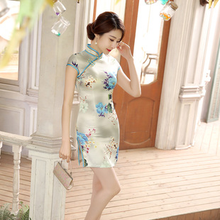 Slim fitting short printed cheongsam women女修身短款印花旗袍