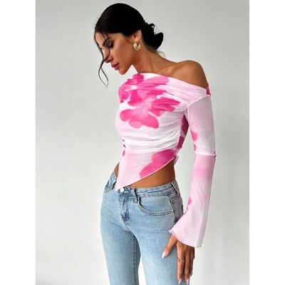 春季斜领露肩不规则修身长袖衬衫