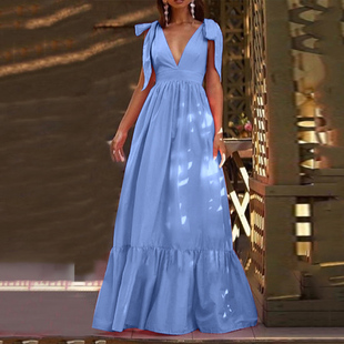 Tie Dresses Color Bow Casual Beach Long Dress Bohemian