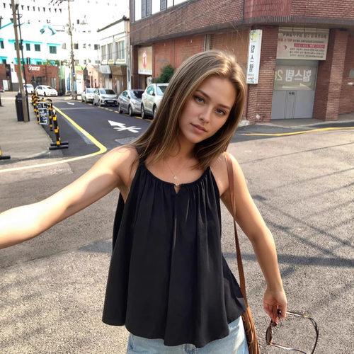 欧美风纯色无袖挂脖吊带背心女