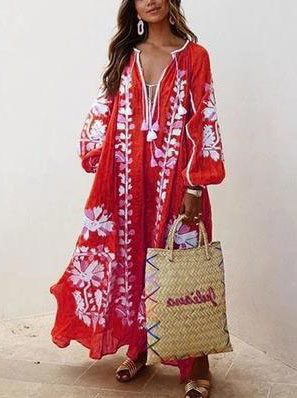 eBay速卖通新款欧美加肥加大码宽松V领长袖印花连衣裙长裙 Dress