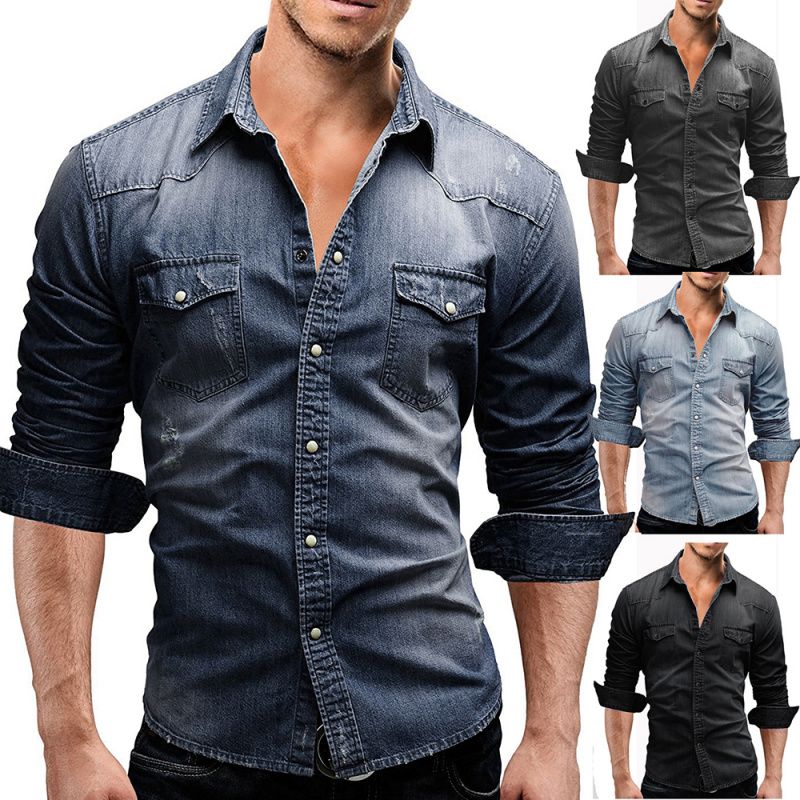 男牛仔衬衫 Jeans shirt desgin Men cowboy cotton denim Shirts