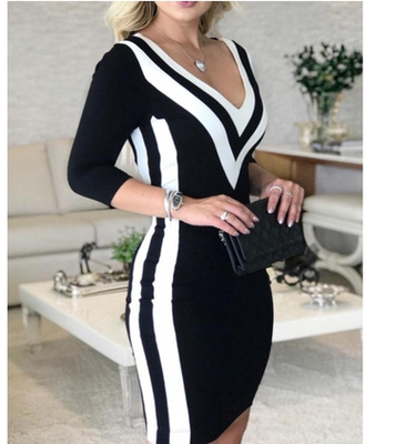 Black and white stitching deep V hip dress时尚深V包臀连衣裙