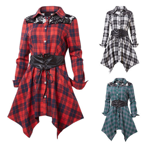 Lace lapel plaid long sleeve shirt skirt  翻领格子长袖衬衫裙