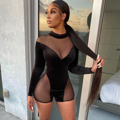 Women's stitching mesh buttocks jumpsuit拼接网纱提臀连体裤女