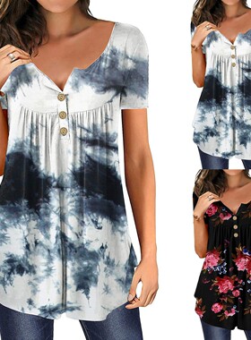 Printed round neck ruffled shirt印花圆领抽皱休闲短袖女士衬衫