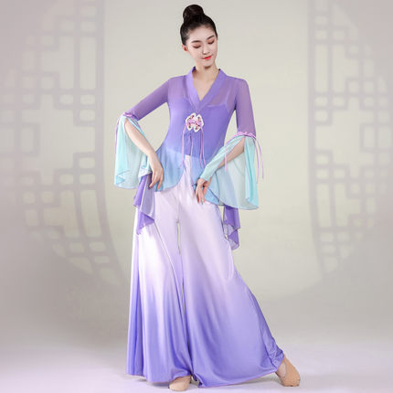 古典舞女飘逸身韵纱衣练功服色渐变中国风瑜伽形体民族表演出套装