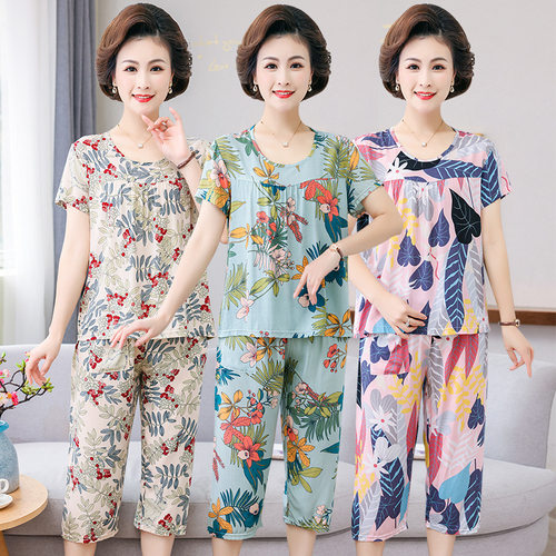 老年人棉绸短袖短裤套装夏天衣服