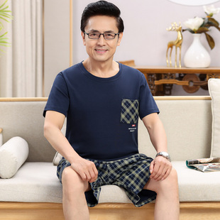 中老年男士纯棉睡衣男款夏季薄款短袖短裤全棉大码可外穿爸爸套装