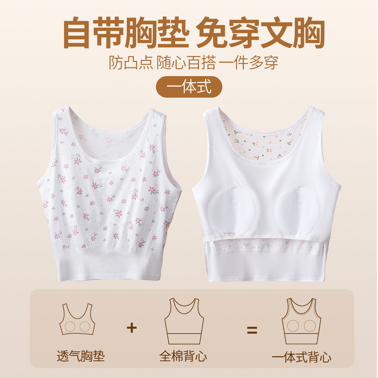 老年人背心女纯棉防凸点带胸垫免文胸全棉老太太妈妈短款薄款汗衫