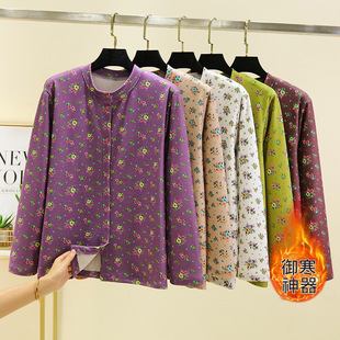 中老年人秋冬装保暖上衣妈妈女士加德绒加厚开衫可外穿系扣家居服