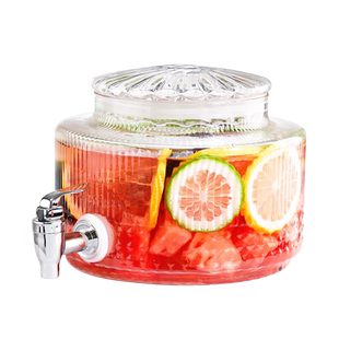 家用2L大容量水壶带水龙头冰箱果汁桶饮料罐高硼硅玻璃竖纹果茶桶