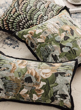 法式中古风抱枕绿色轻奢高级感沙发客厅雪尼尔提花老虎靠垫靠枕