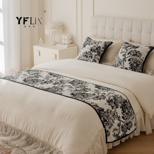 雅梵林黑白色雪尼尔床尾巾轻奢覆古法式酒店床旗民宿宾馆床盖搭巾