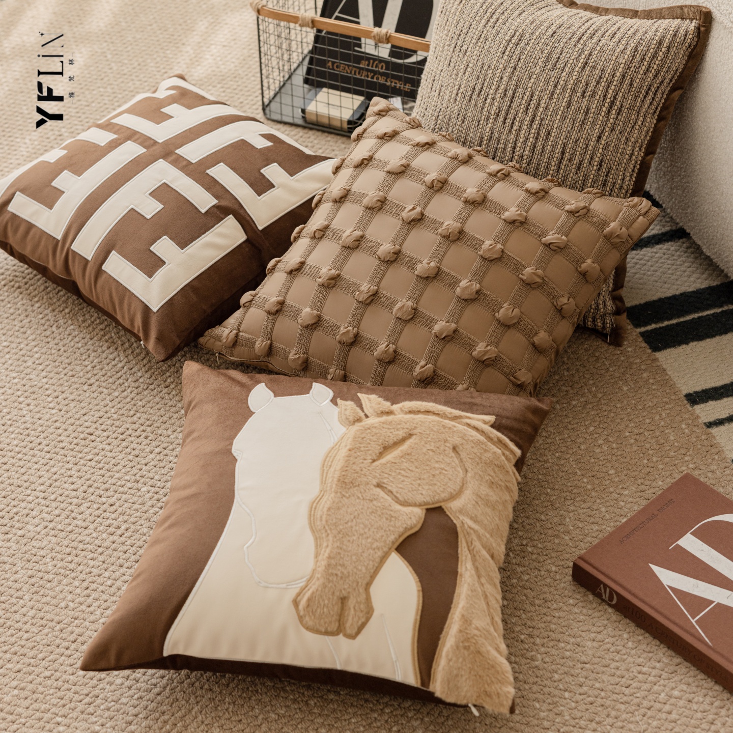 雅梵林中古风轻奢棕色马抱枕刺绣美拉德大地色沙发靠垫样板间靠枕