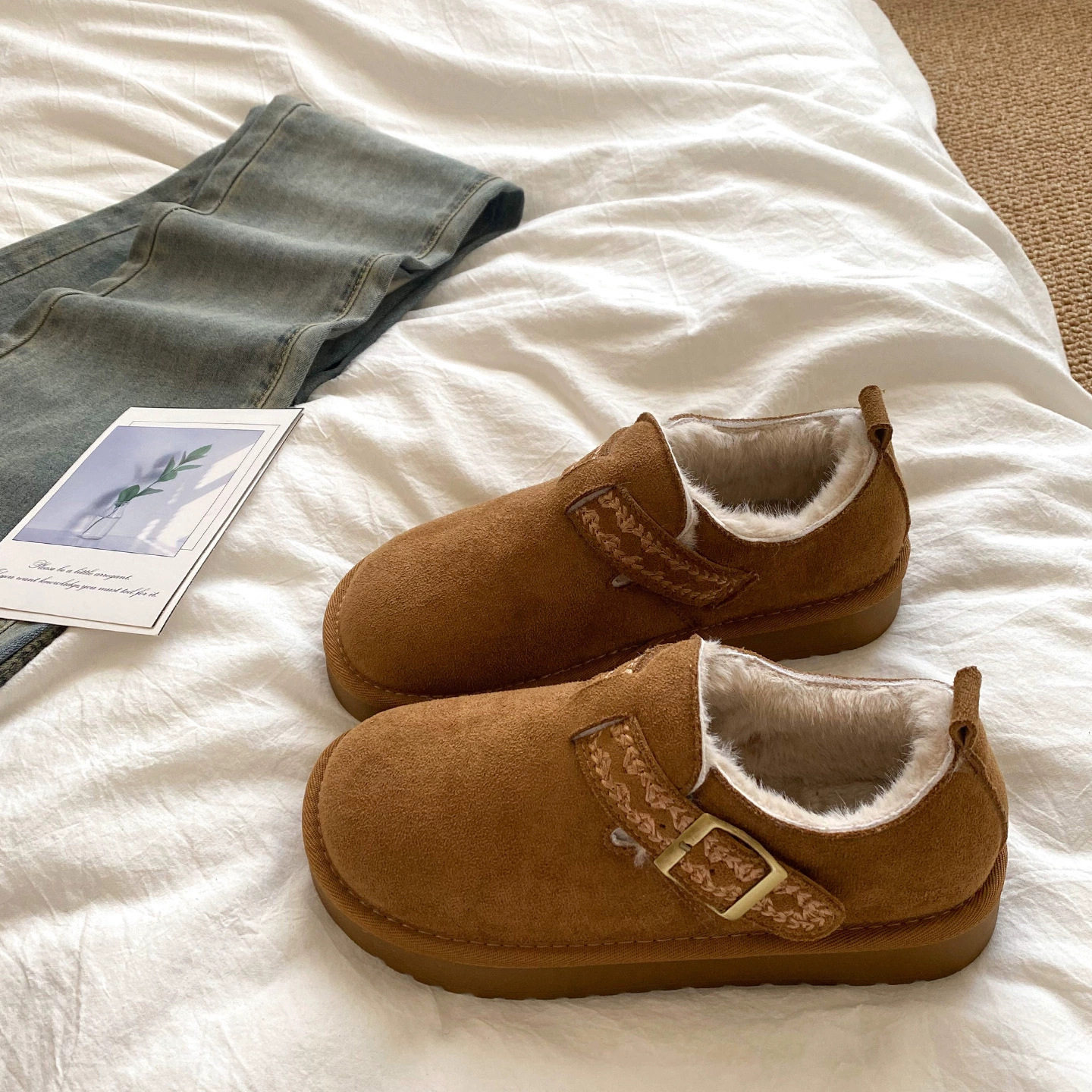 牛皮版~加绒2025冬季新款软底博肯一脚蹬平底舒适保暖毛毛棉鞋,女鞋,棉鞋,淘宝优惠券,粉丝福利购,淘宝优惠卷