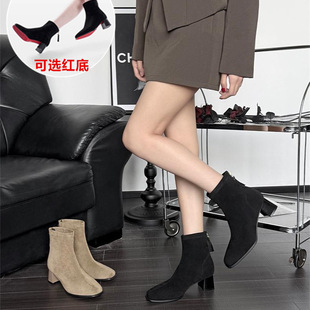 大姚【红色战靴】高跟短靴女2026新款黑色绒面弹力靴子细跟中跟靴