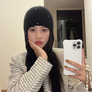 兔毛针织护耳帽女秋冬显脸小滑雪帽保暖法拉帽围脖一体包头毛线帽