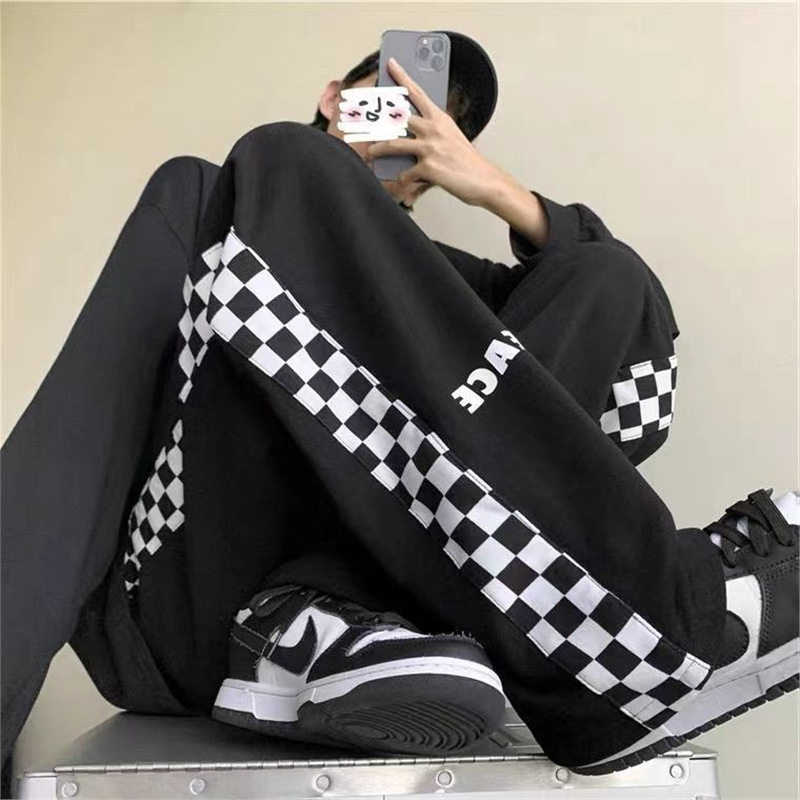 黑白棋盘格阔腿裤男生港风直筒宽松休闲裤ins潮日系风高街长裤女,女装/女士精品,大码裤装,淘宝优惠券,粉丝福利购,淘宝优惠卷