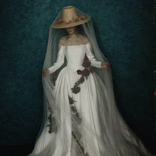 Mi唐手作素纱头纱进口软纱结婚婚礼拍照道具米黄色高透纱