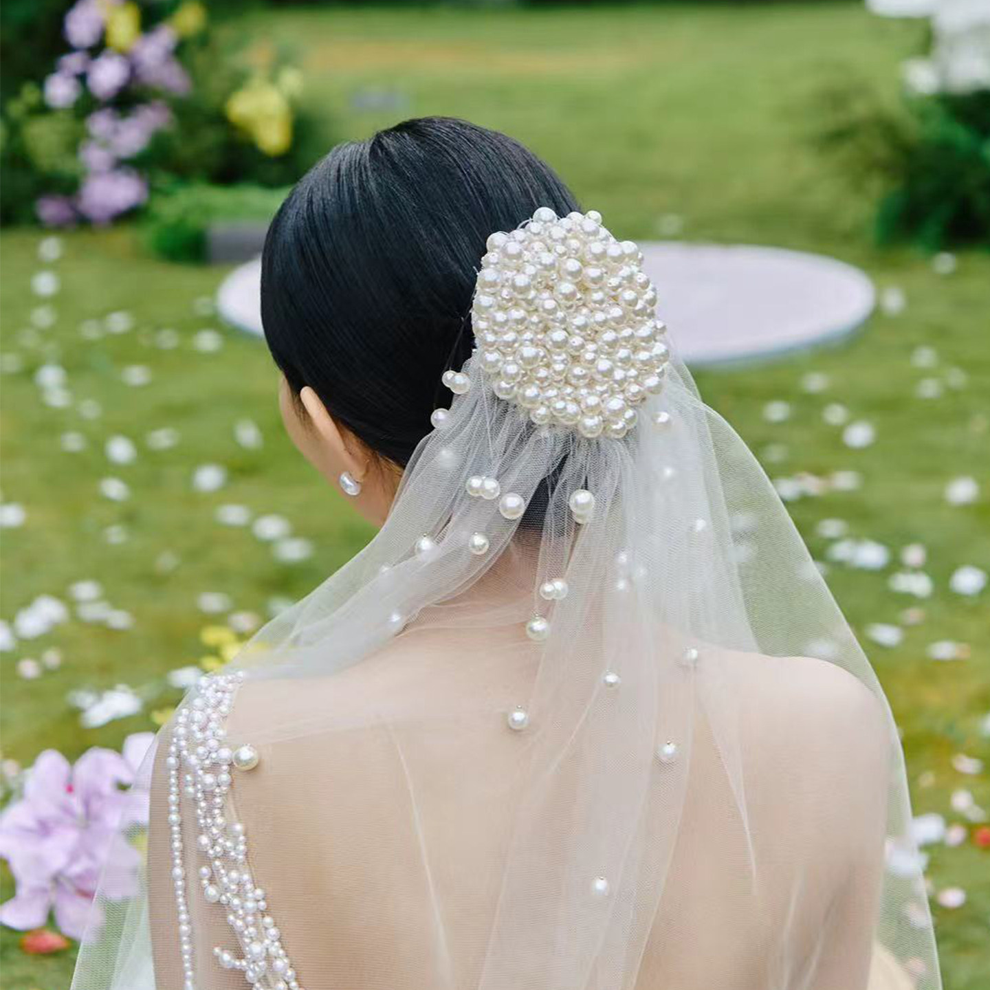 Mi唐手作珍珠头纱新娘主婚纱领证求婚头纱影楼拍摄用新款高级感