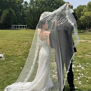 Mi唐手作复古头纱新娘主婚纱领证求婚婚纱花边头纱marry me 拍照