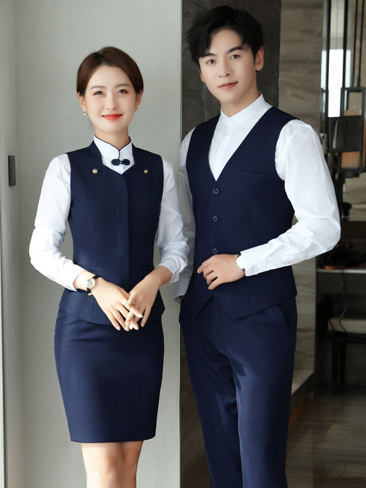 酒店餐饮服务员工作服春秋职业套装女前台接待中式餐厅茶楼工装男