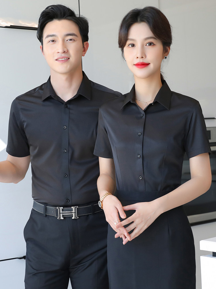黑色衬衫男秋免烫修身长袖商务职业衬衣KTV服务员工作服工装套装