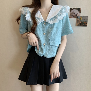 娃娃领蕾短袖衬衫女夏季大尺码微胖显瘦上衣短款绝美小衫0208w